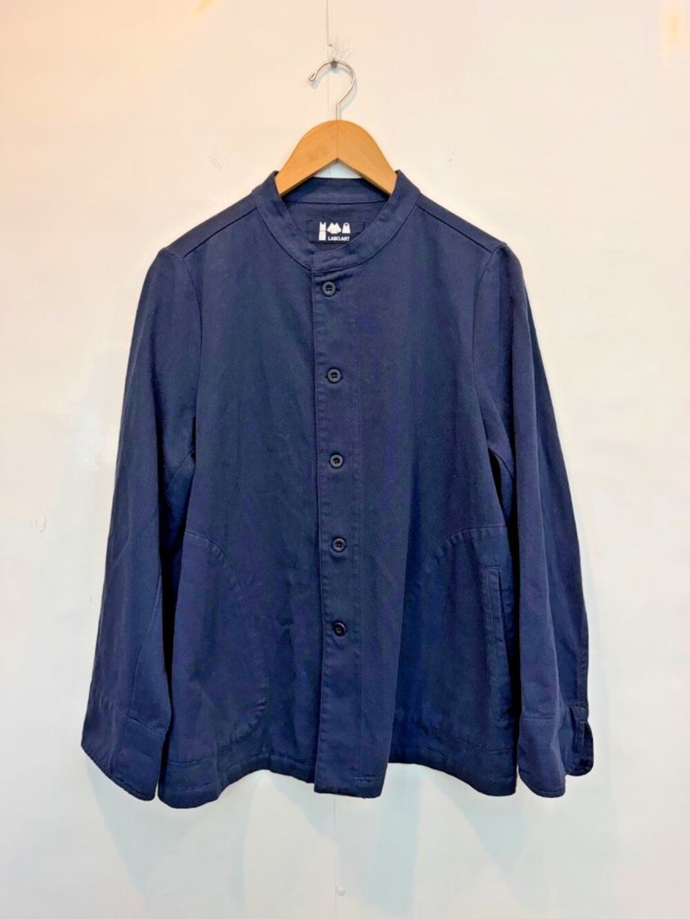 Labo.Art Navy Blue Mandarin Collar Jacket Button Front Pocket Size 2 100% Cotton